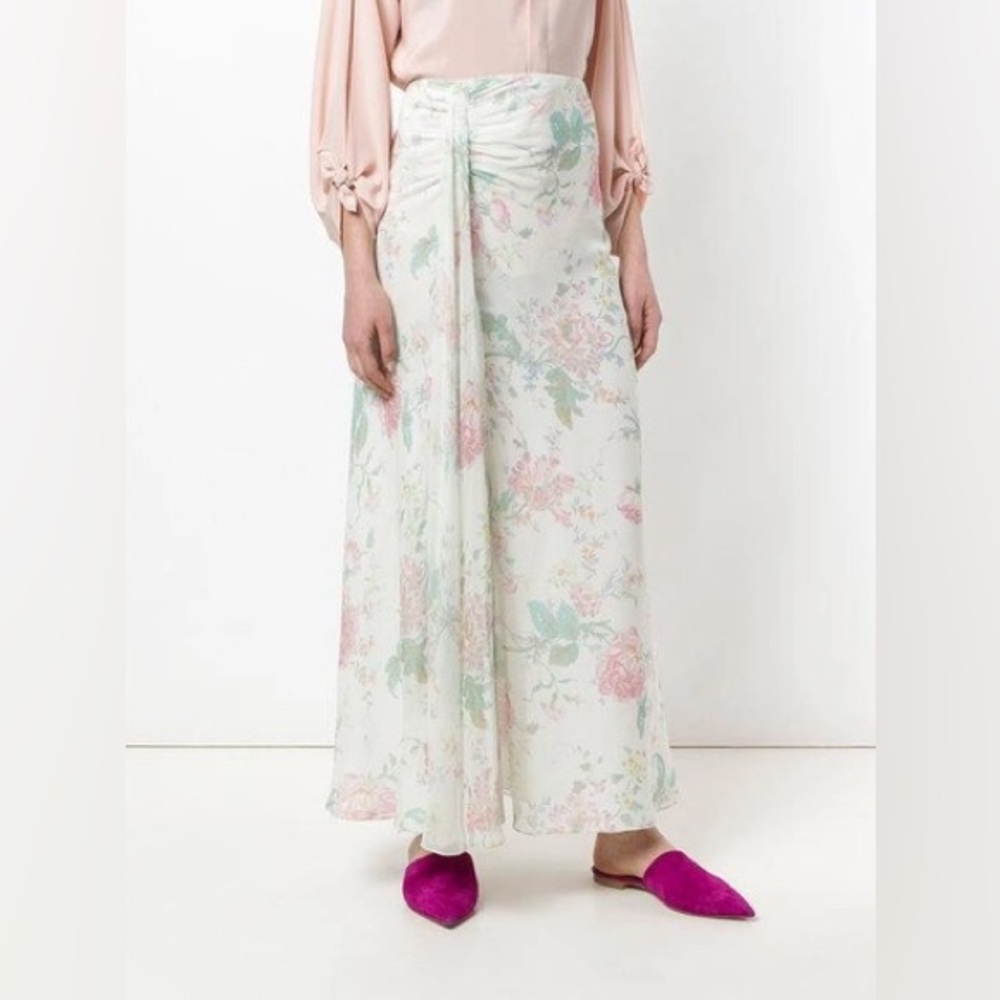 100% Silk Ralph Lauren Purple Label Victoria Floral-Print A-Line Silk Maxi Skirt